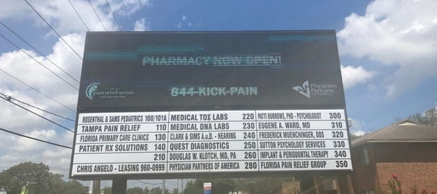 Sign board of Florida Pain relief group at Tampa